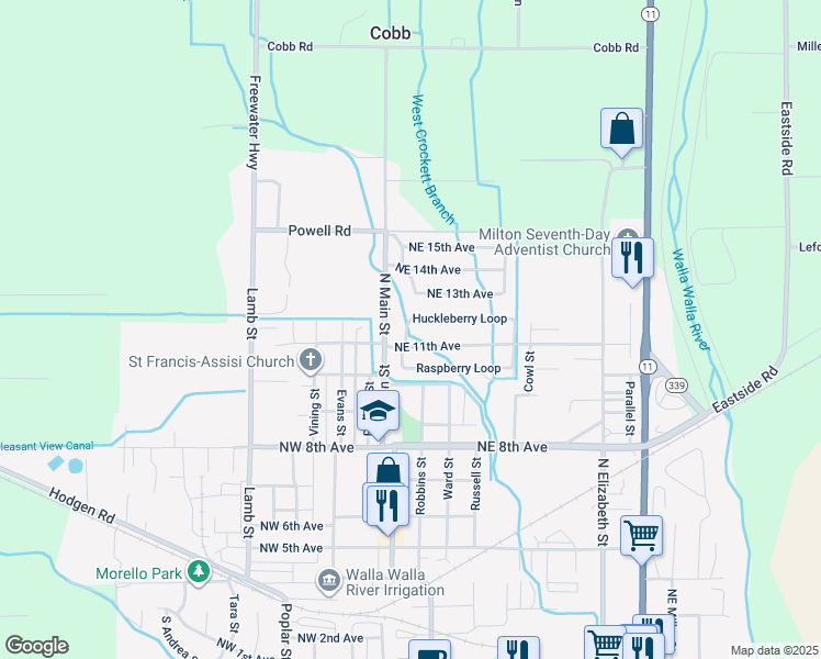 map of restaurants, bars, coffee shops, grocery stores, and more near 64 Northeast 11th Avenue in Milton-Freewater