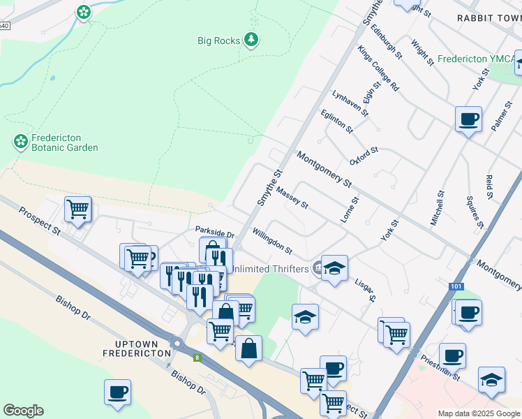 map of restaurants, bars, coffee shops, grocery stores, and more near in Fredericton