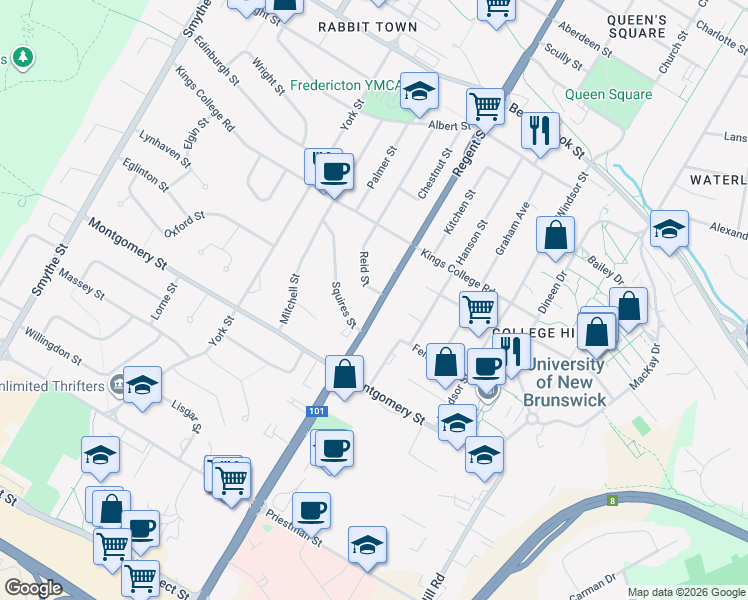 map of restaurants, bars, coffee shops, grocery stores, and more near 789 Reid Street in Fredericton