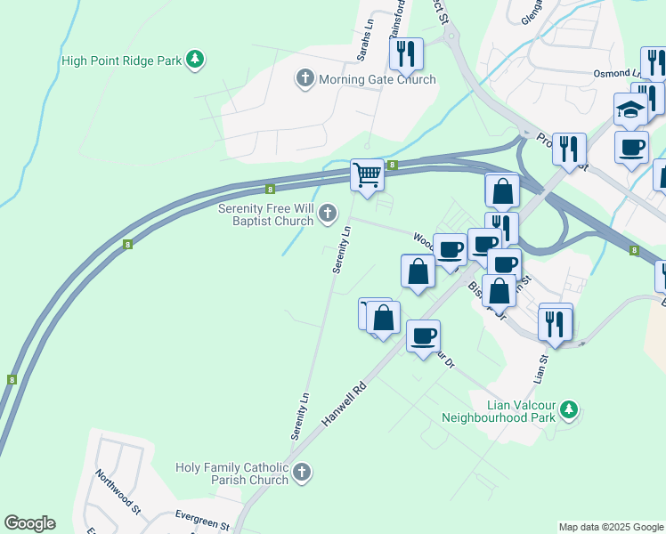 map of restaurants, bars, coffee shops, grocery stores, and more near 198 Serenity Lane in Fredericton