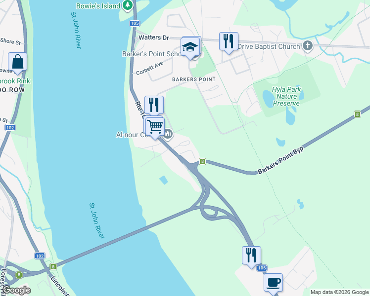 map of restaurants, bars, coffee shops, grocery stores, and more near 175 Riverside Drive in Fredericton