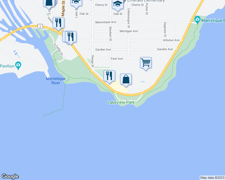 map of restaurants, bars, coffee shops, grocery stores, and more near 717 East Lake Shore Drive in Manistique