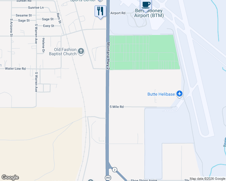 map of restaurants, bars, coffee shops, grocery stores, and more near 4810-4974 State Highway 393 in Butte