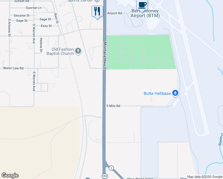 map of restaurants, bars, coffee shops, grocery stores, and more near 4810-4974 State Highway 393 in Butte