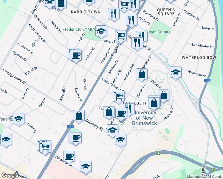 map of restaurants, bars, coffee shops, grocery stores, and more near in Fredericton