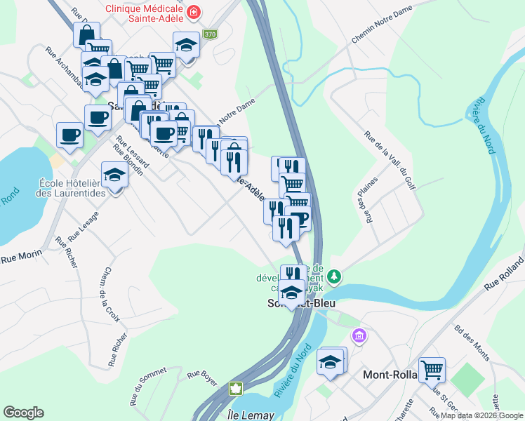 map of restaurants, bars, coffee shops, grocery stores, and more near 610 Boulevard de Sainte-Adèle in Sainte-Adèle
