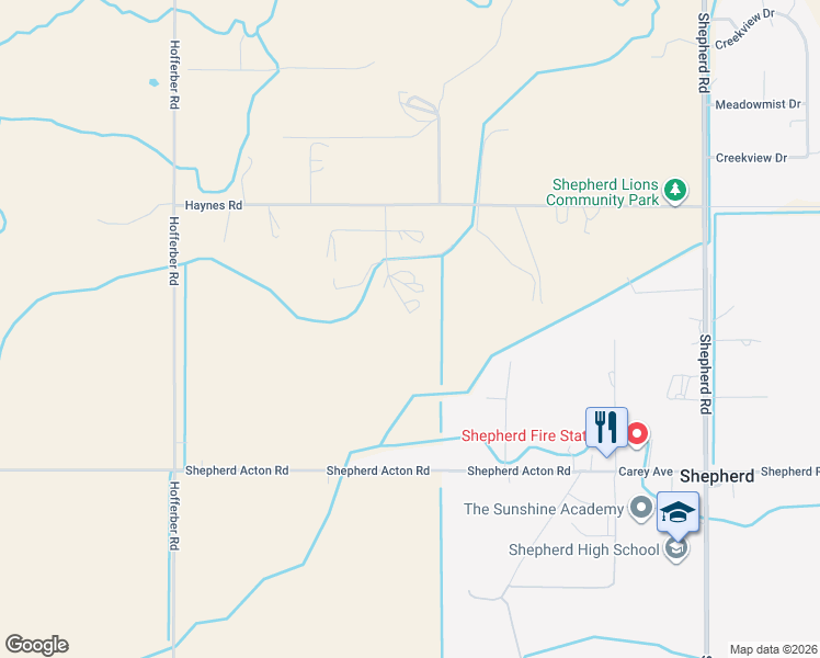 map of restaurants, bars, coffee shops, grocery stores, and more near 8042 Bea's Lane in Shepherd