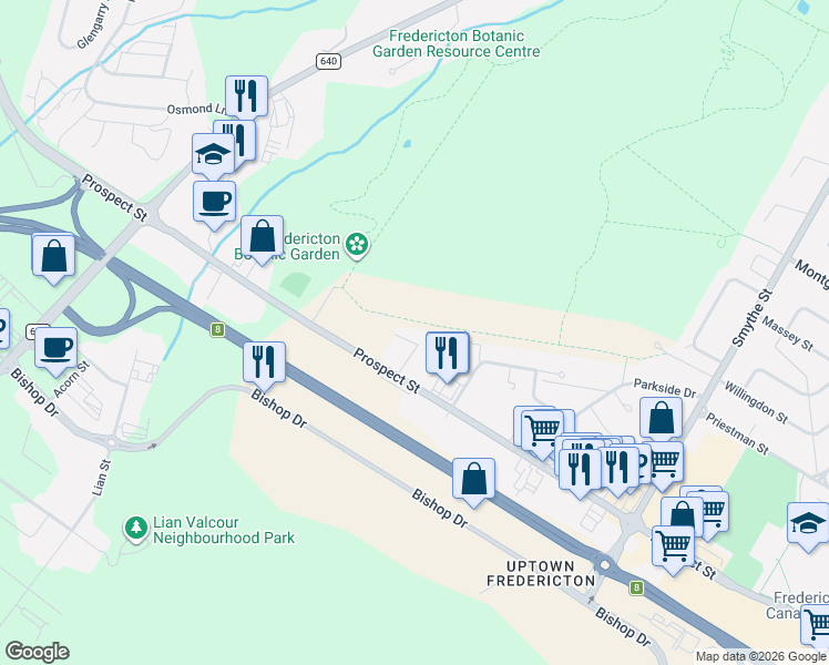 map of restaurants, bars, coffee shops, grocery stores, and more near 787 Prospect Street in Fredericton