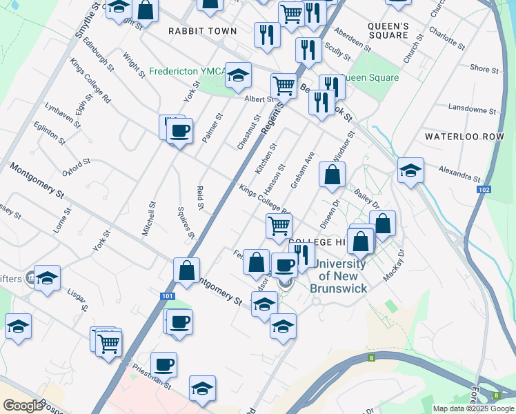 map of restaurants, bars, coffee shops, grocery stores, and more near Hanson Street in Fredericton
