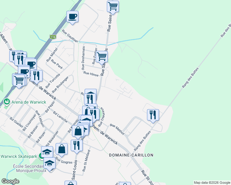 map of restaurants, bars, coffee shops, grocery stores, and more near 4 Rue du Parc in Warwick