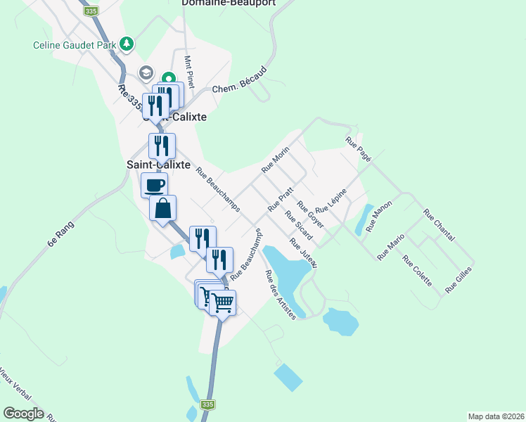 map of restaurants, bars, coffee shops, grocery stores, and more near 145 Rue Pratt in Saint-Calixte