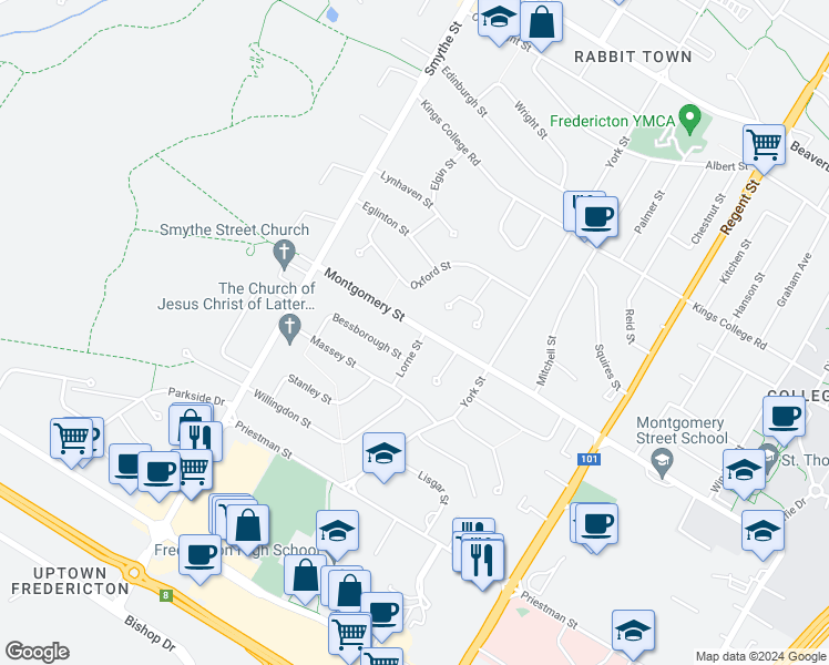 map of restaurants, bars, coffee shops, grocery stores, and more near 286 Montgomery Street in Fredericton