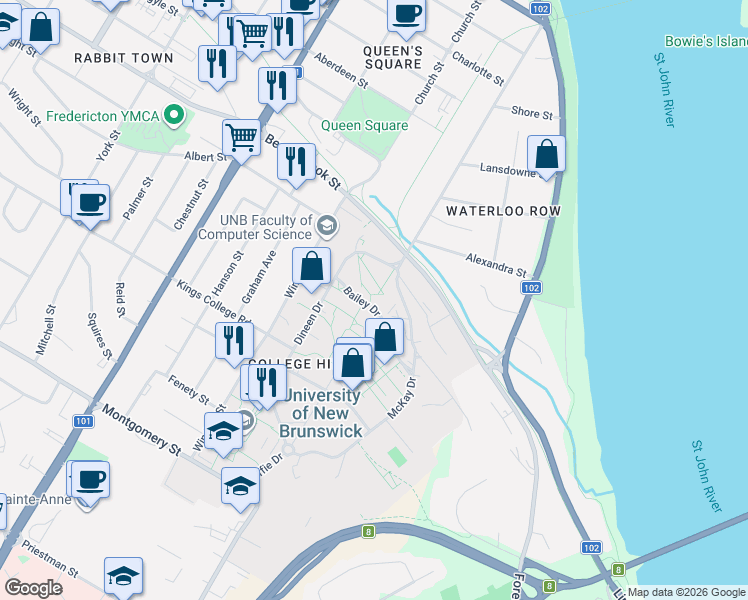 map of restaurants, bars, coffee shops, grocery stores, and more near 5 Bailey Drive in Fredericton