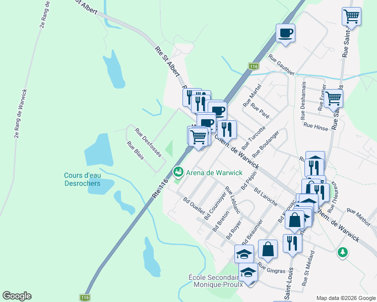 map of restaurants, bars, coffee shops, grocery stores, and more near Québec 116 in Warwick