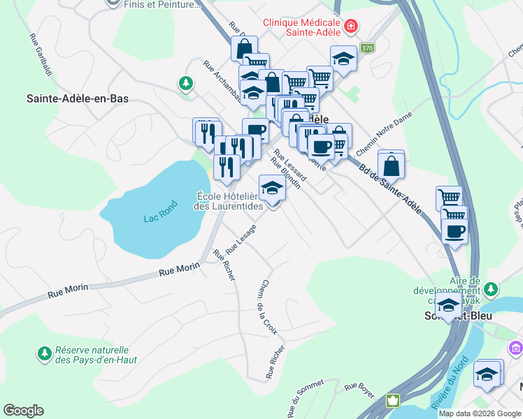 map of restaurants, bars, coffee shops, grocery stores, and more near 151 Rue Lesage in Sainte-Adèle