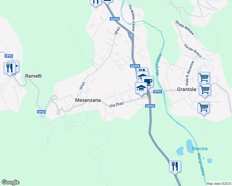 map of restaurants, bars, coffee shops, grocery stores, and more near 19 Via Pezza in Mesenzana
