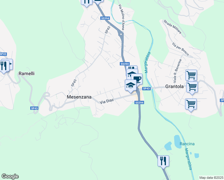 map of restaurants, bars, coffee shops, grocery stores, and more near 19 Via Pezza in Mesenzana