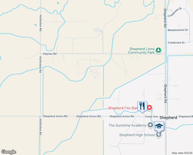 map of restaurants, bars, coffee shops, grocery stores, and more near 8042 Bea's Lane in Shepherd