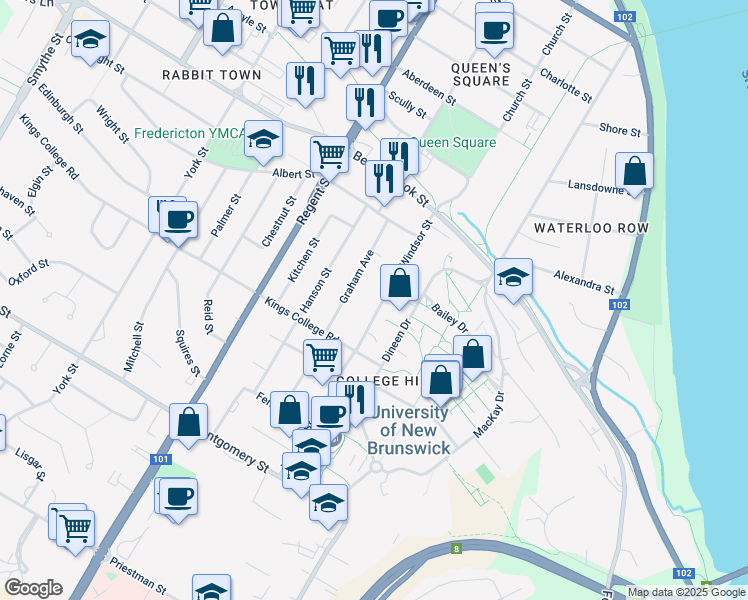 map of restaurants, bars, coffee shops, grocery stores, and more near 677 Windsor Street in Fredericton