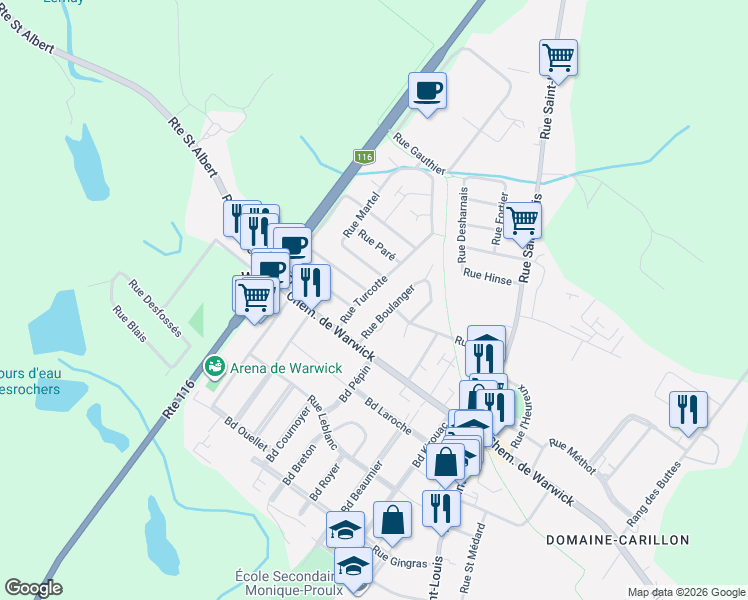 map of restaurants, bars, coffee shops, grocery stores, and more near 19 Rue Turcotte in Warwick