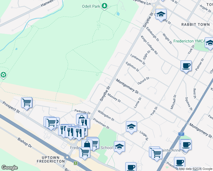 map of restaurants, bars, coffee shops, grocery stores, and more near 5 Beechwood Crescent in Fredericton