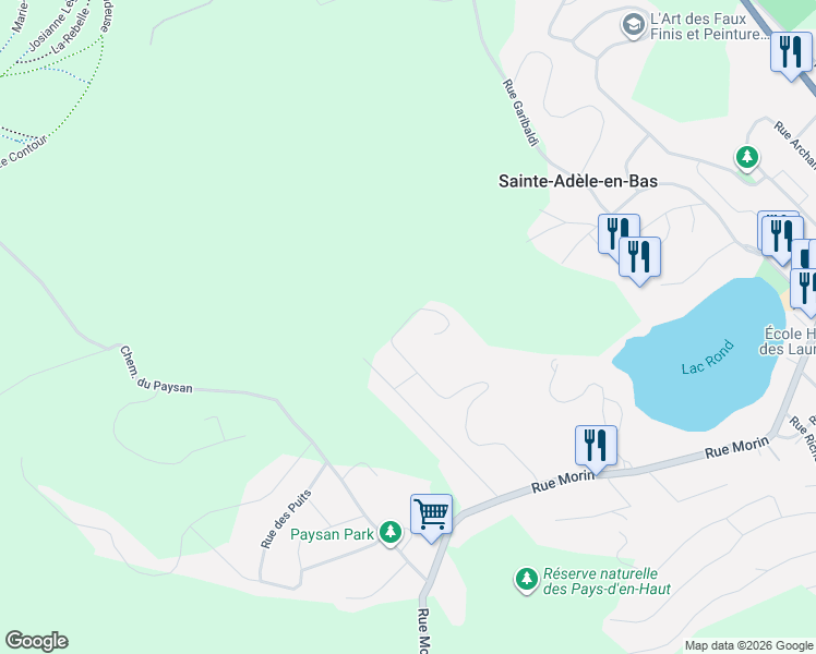 map of restaurants, bars, coffee shops, grocery stores, and more near Rue du Bourg du Lac in Sainte-Adèle