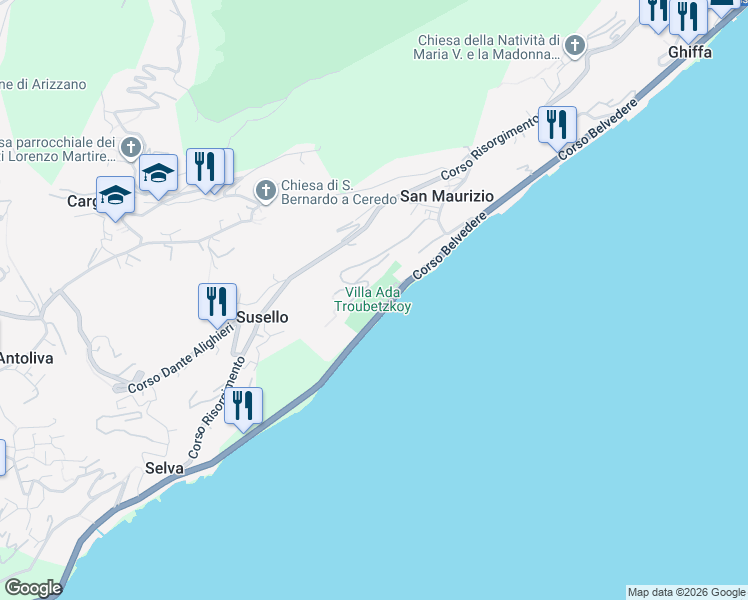 map of restaurants, bars, coffee shops, grocery stores, and more near 49 Corso Belvedere in San Maurizio