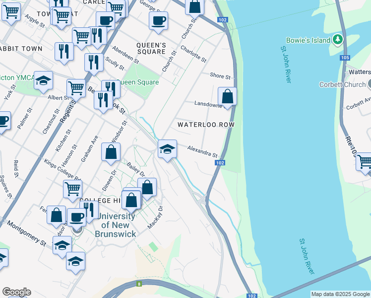 map of restaurants, bars, coffee shops, grocery stores, and more near 63 Alexandra Street in Fredericton