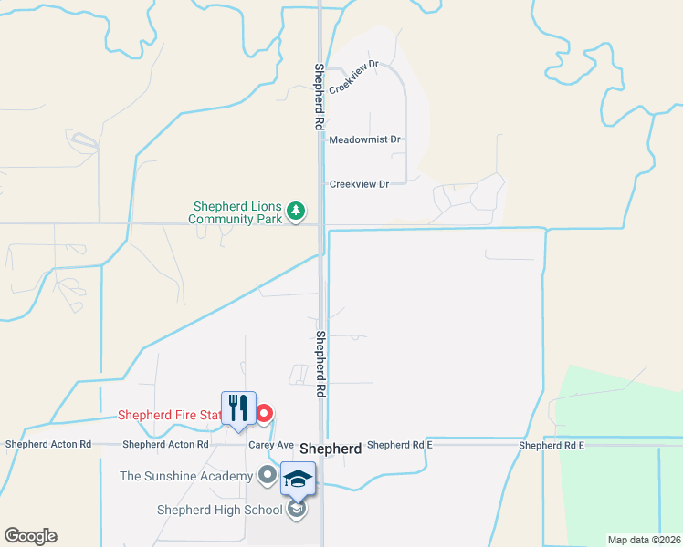 map of restaurants, bars, coffee shops, grocery stores, and more near 8313 Shepherd Road in Shepherd