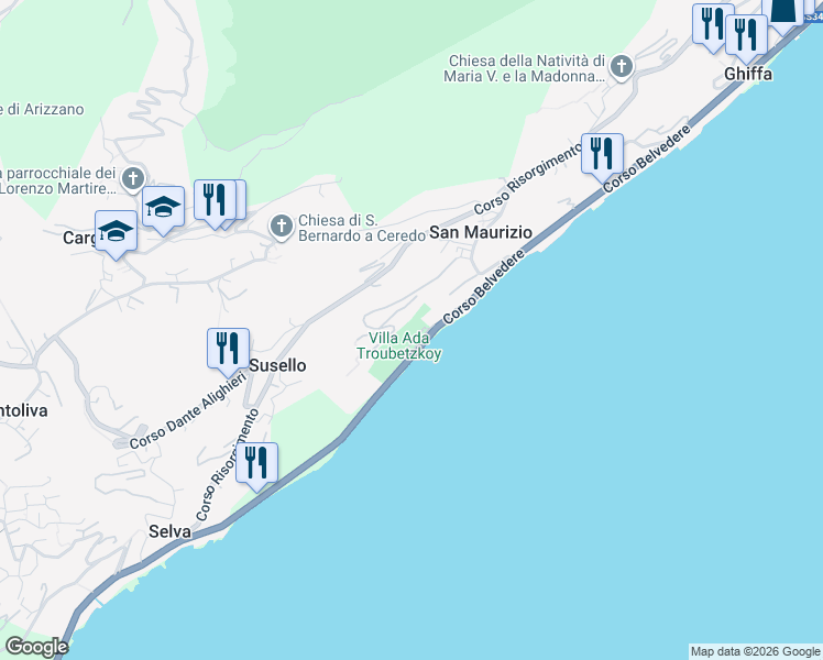 map of restaurants, bars, coffee shops, grocery stores, and more near 20-49 Corso Belvedere in Susello