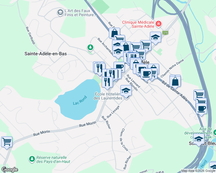 map of restaurants, bars, coffee shops, grocery stores, and more near Rue des Mulets in Sainte-Adèle