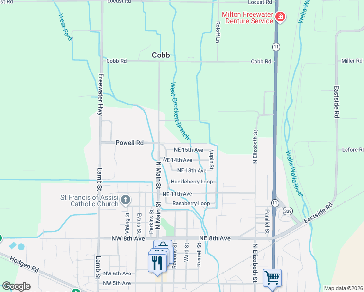 map of restaurants, bars, coffee shops, grocery stores, and more near 151 Northeast 15th Avenue in Milton-Freewater