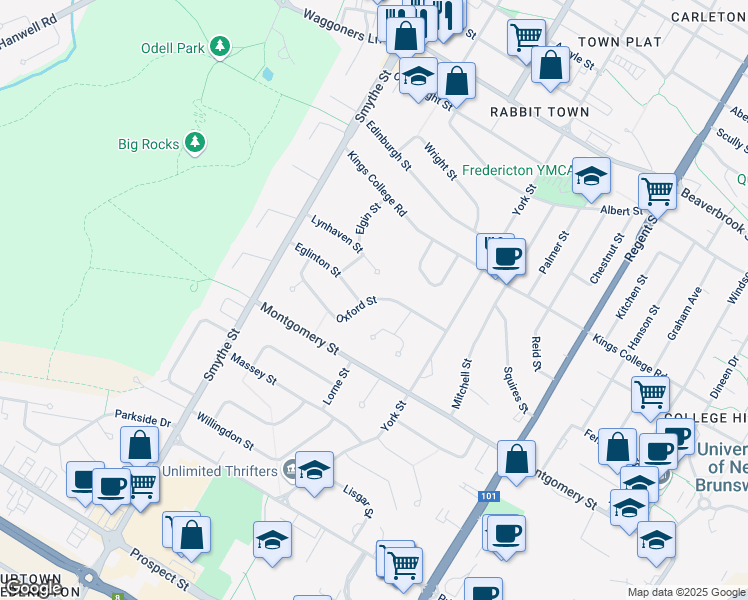 map of restaurants, bars, coffee shops, grocery stores, and more near Oxford Street in Fredericton