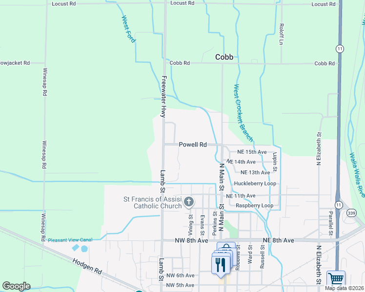 map of restaurants, bars, coffee shops, grocery stores, and more near 284 Powell Road in Milton-Freewater