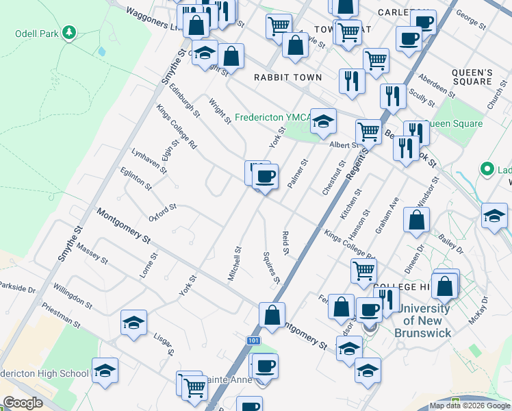 map of restaurants, bars, coffee shops, grocery stores, and more near in Fredericton