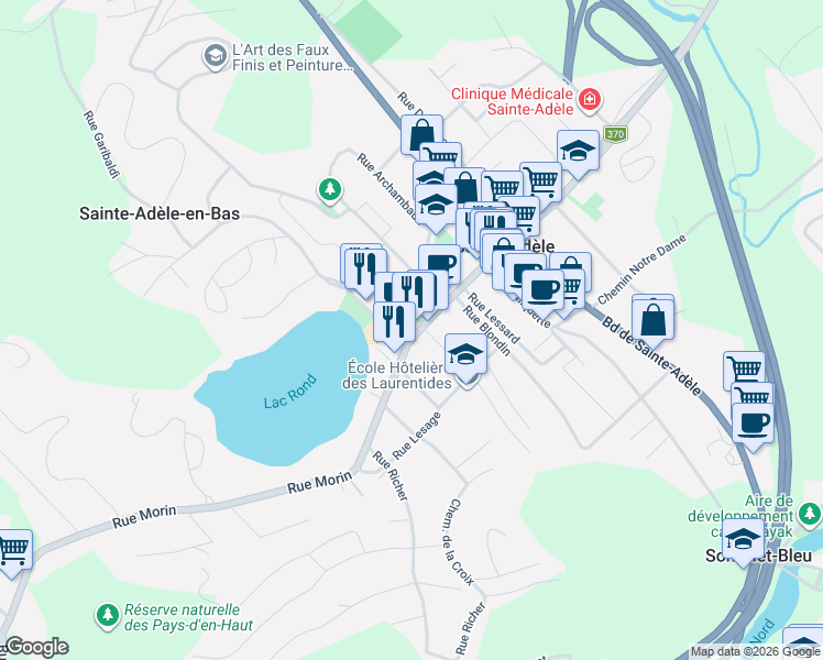 map of restaurants, bars, coffee shops, grocery stores, and more near 147 Rue Morin in Sainte-Adã¨Le