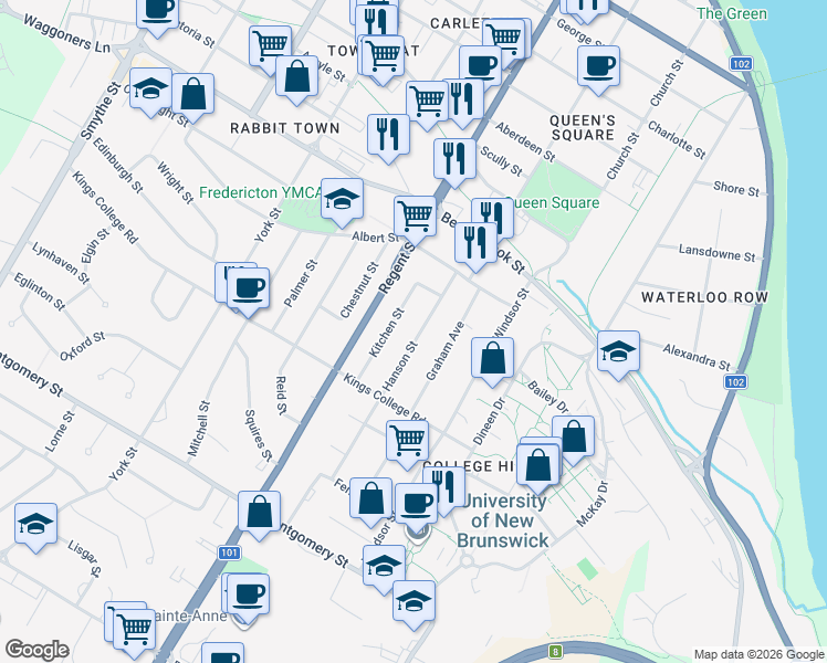 map of restaurants, bars, coffee shops, grocery stores, and more near 647 Hanson Street in Fredericton