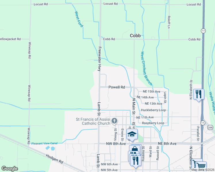 map of restaurants, bars, coffee shops, grocery stores, and more near 284 Powell Road in Milton-Freewater