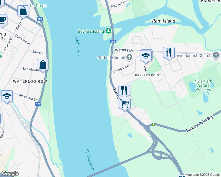 map of restaurants, bars, coffee shops, grocery stores, and more near 80 Riverside Drive in Fredericton