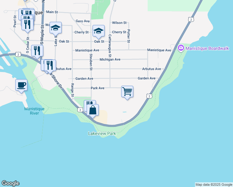 map of restaurants, bars, coffee shops, grocery stores, and more near 717 East Lake Shore Drive in Manistique