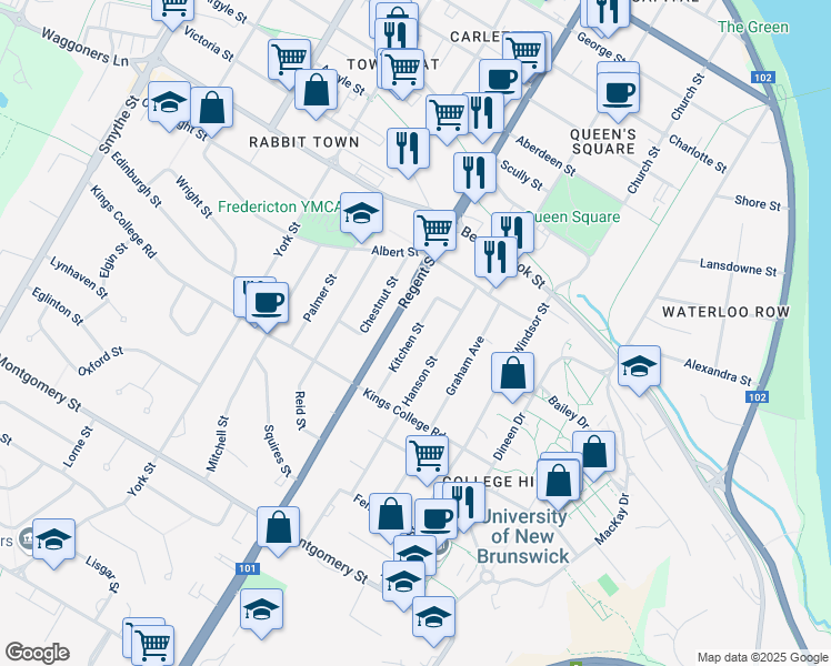 map of restaurants, bars, coffee shops, grocery stores, and more near Kitchen Street in Fredericton