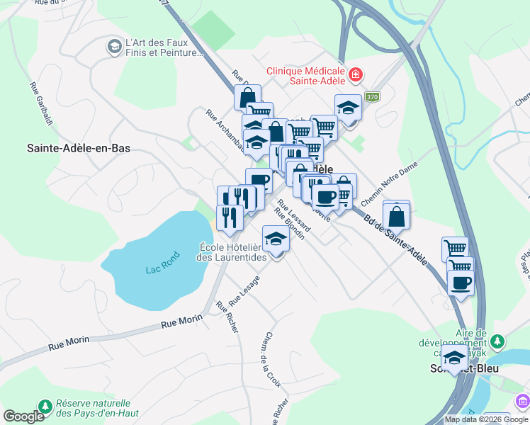 map of restaurants, bars, coffee shops, grocery stores, and more near 100 Rue Morin in Sainte-Adèle