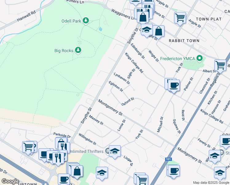 map of restaurants, bars, coffee shops, grocery stores, and more near 155 Oxford Street in Fredericton