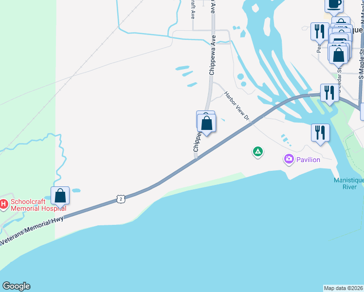 map of restaurants, bars, coffee shops, grocery stores, and more near 1060-1098 West Lakeshore Drive in Manistique