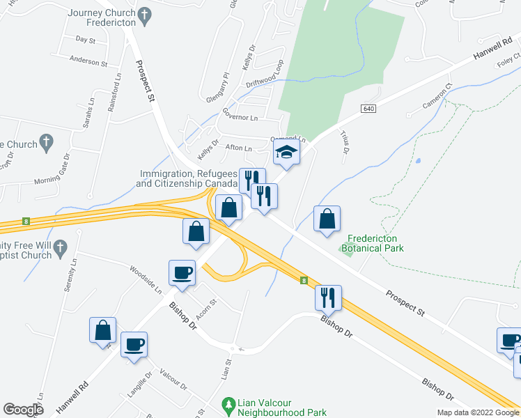 map of restaurants, bars, coffee shops, grocery stores, and more near Prospect Street in Fredericton