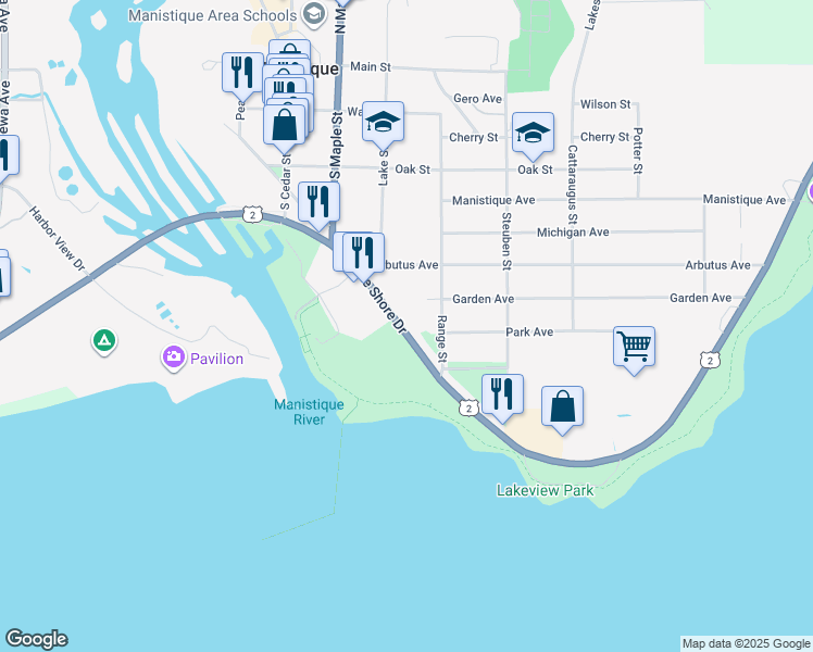 map of restaurants, bars, coffee shops, grocery stores, and more near 422 U.S. Route 2 in Manistique