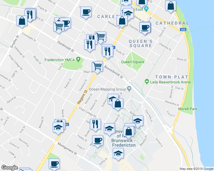 map of restaurants, bars, coffee shops, grocery stores, and more near 568 Hanson Street in Fredericton