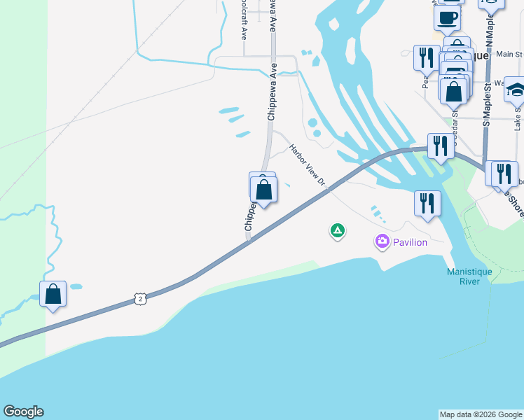 map of restaurants, bars, coffee shops, grocery stores, and more near 1060 West Lakeshore Drive in Manistique