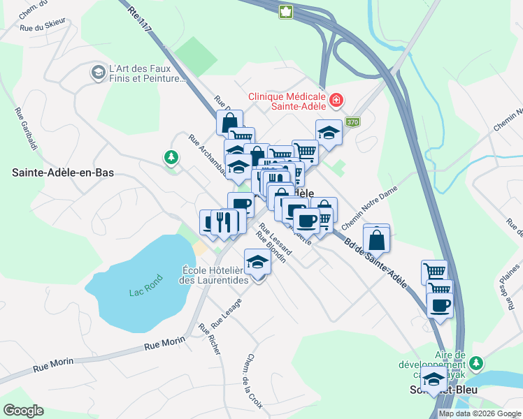 map of restaurants, bars, coffee shops, grocery stores, and more near 39 Rue Morin in Sainte-Adèle