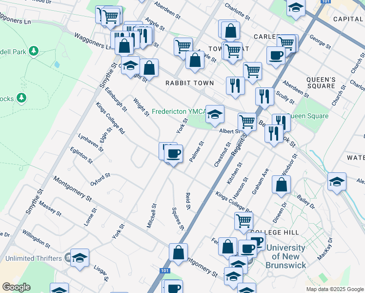 map of restaurants, bars, coffee shops, grocery stores, and more near 683 Mitchell Street in Fredericton